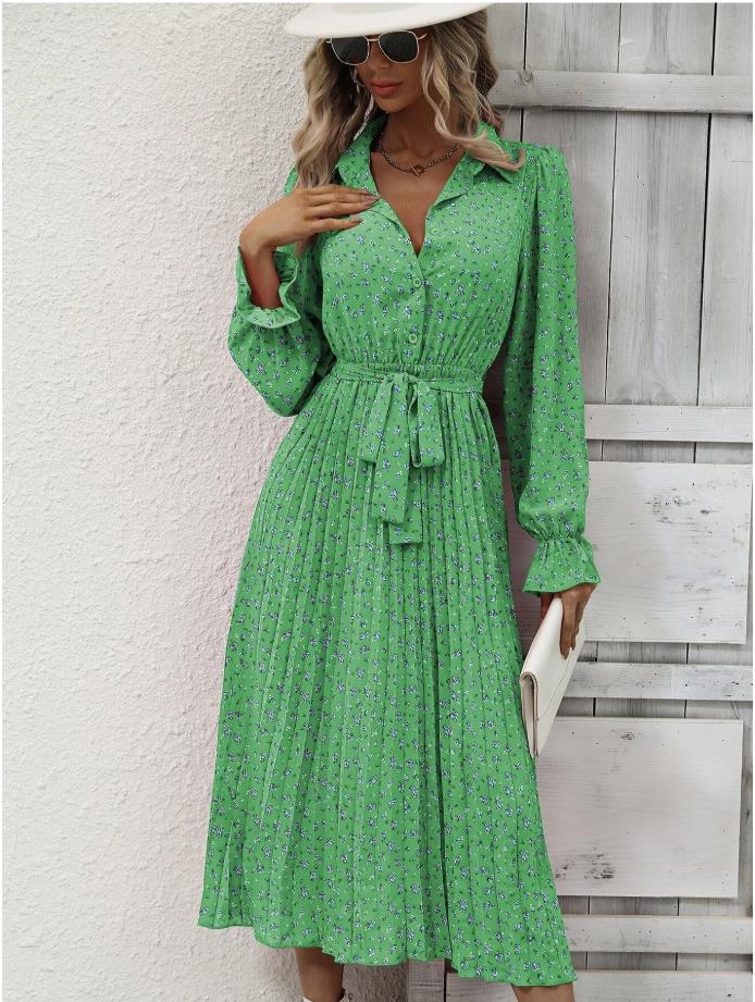 Title 15, Fashion Tie Pleated Long Sleeve Big Hem Dress