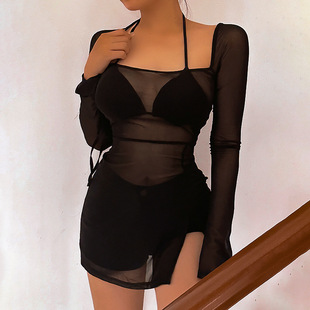 Title 4, See-through Sexy Mesh Long Sleeve Slit Short Dress