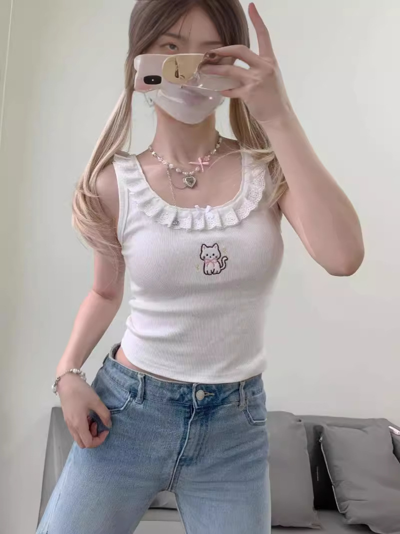 Title 5, Cute Cat Embroidery Big Neckline Camisole Women...