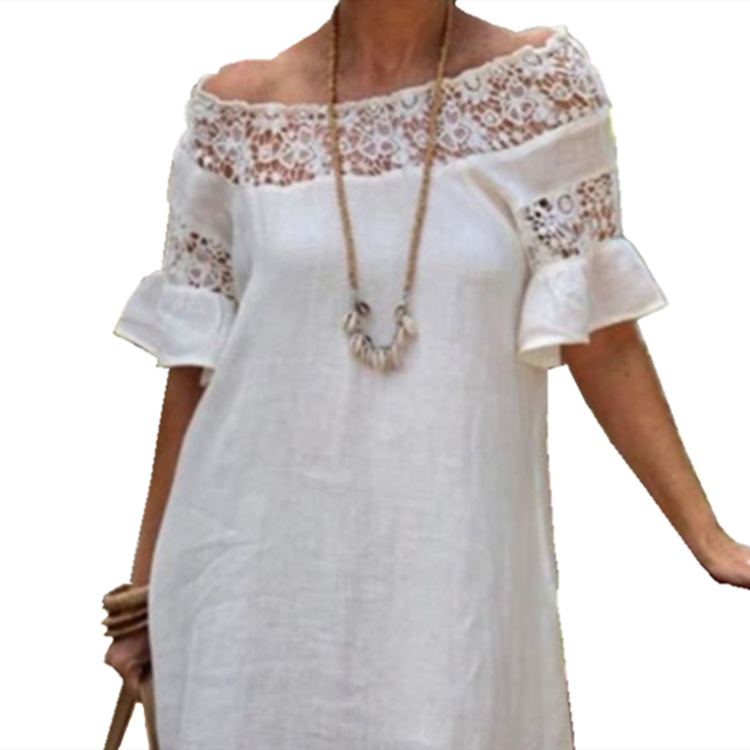 Title 2, White Lace Ruffled Short Sleeves Hollow Dress