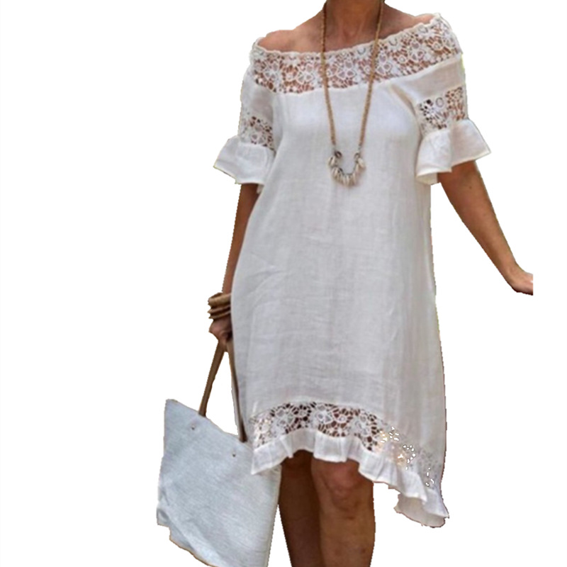 Title 3, White Lace Ruffled Short Sleeves Hollow Dress