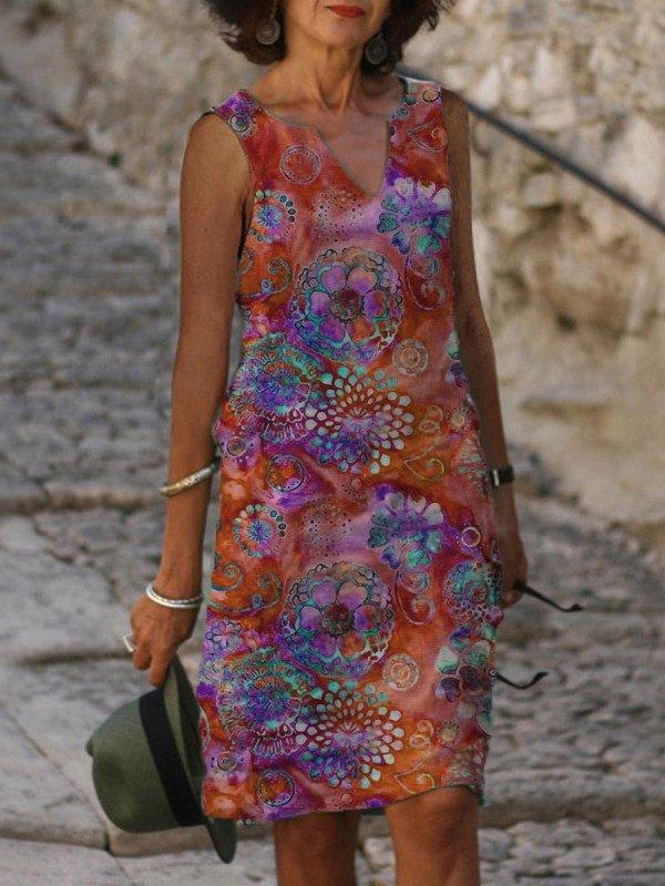 Title 3, Printed V-neck Sleeveless Mid-length Dress Women