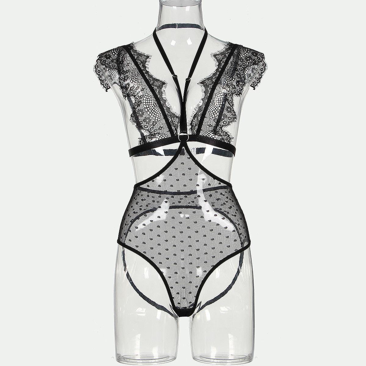 Title 7, Lace Dot Mesh High Waist Three-piece Suit Women