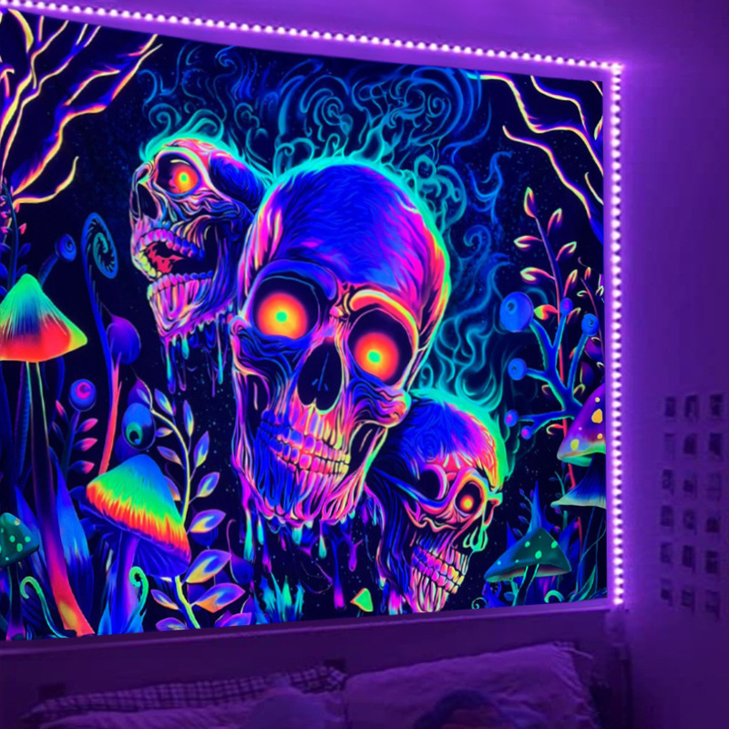 Title 3, Fluorescent Skull Tapestry UV Black Light Backg...