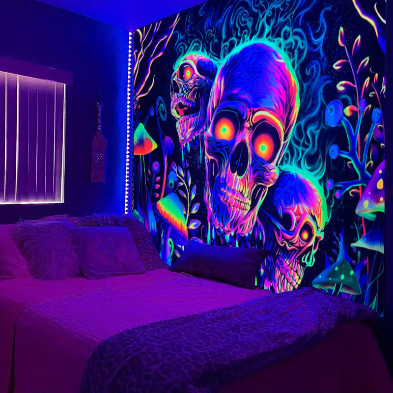 Title 6, Fluorescent Skull Tapestry UV Black Light Backg...