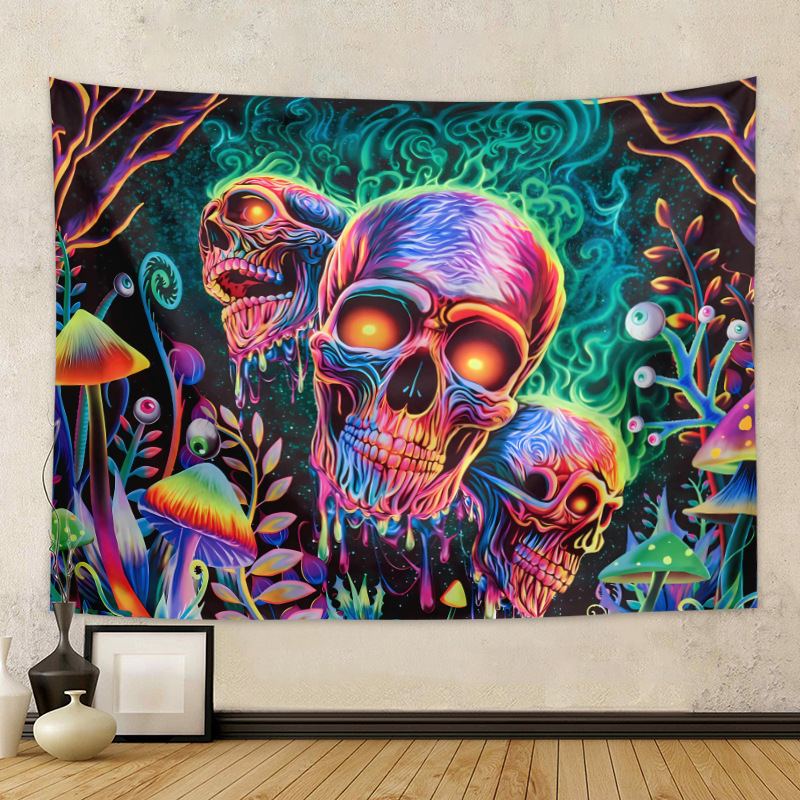 Title 8, Fluorescent Skull Tapestry UV Black Light Backg...