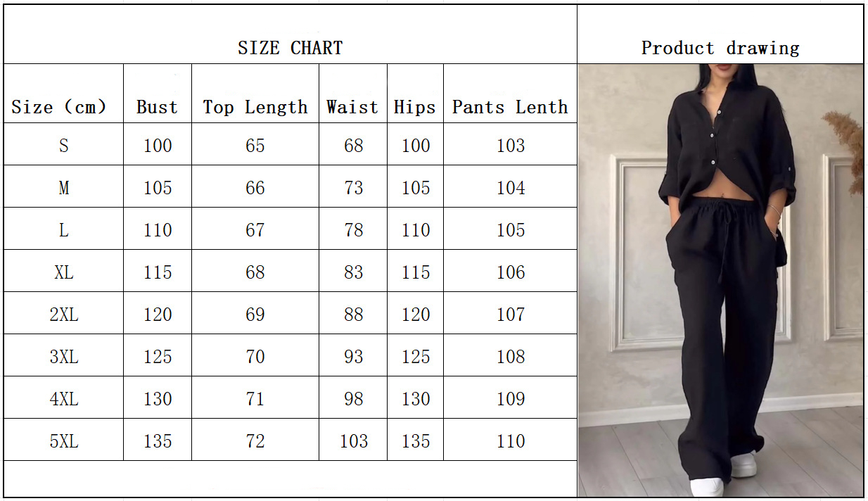 Size chart for wide-leg pants and lace-up top two-piece set – S M L XL 2XL 3XL 4XL 5XL measurements