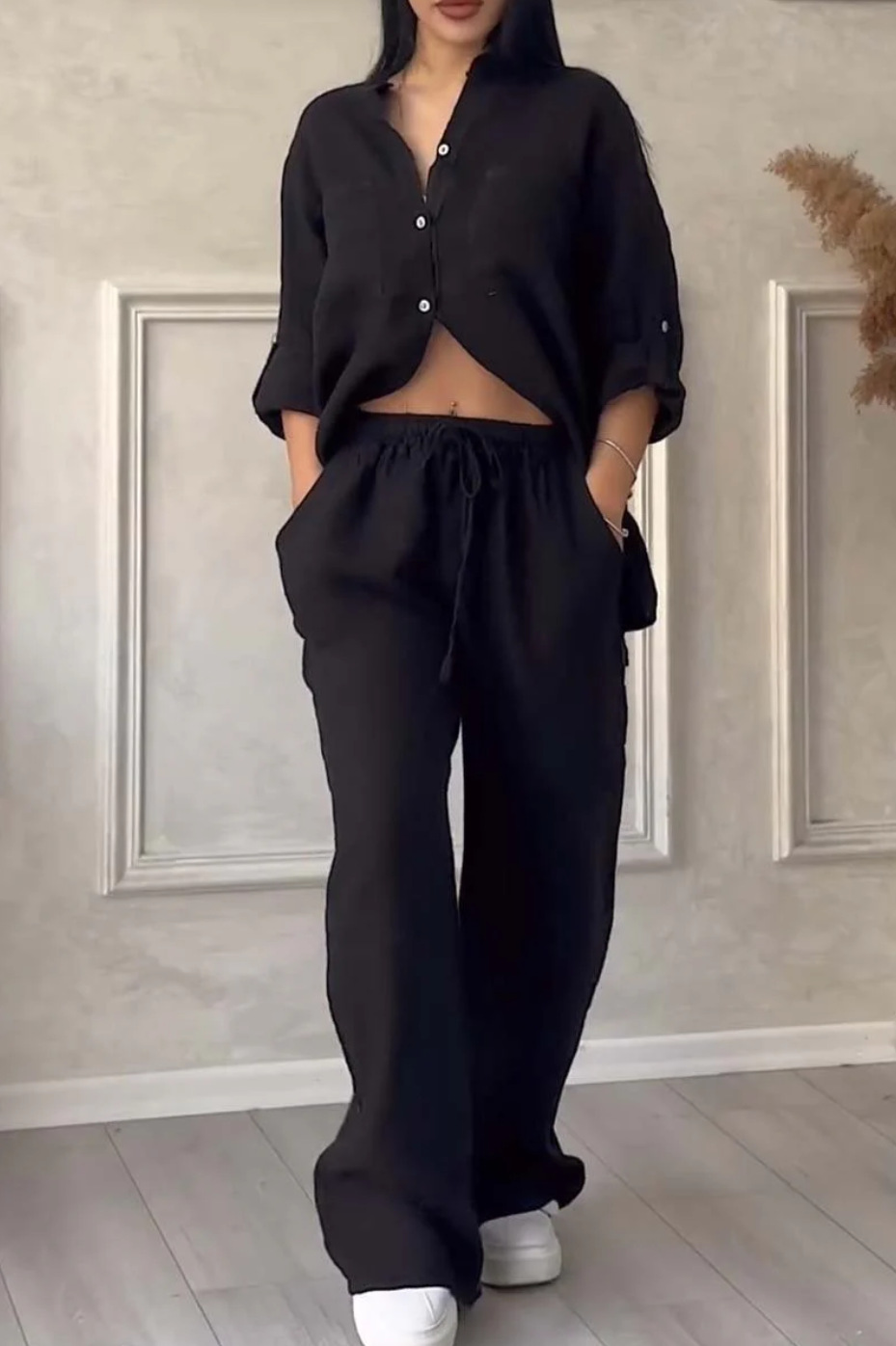 Wide-leg pants and lace-up top two-piece set front view – solid color casual women's fashion