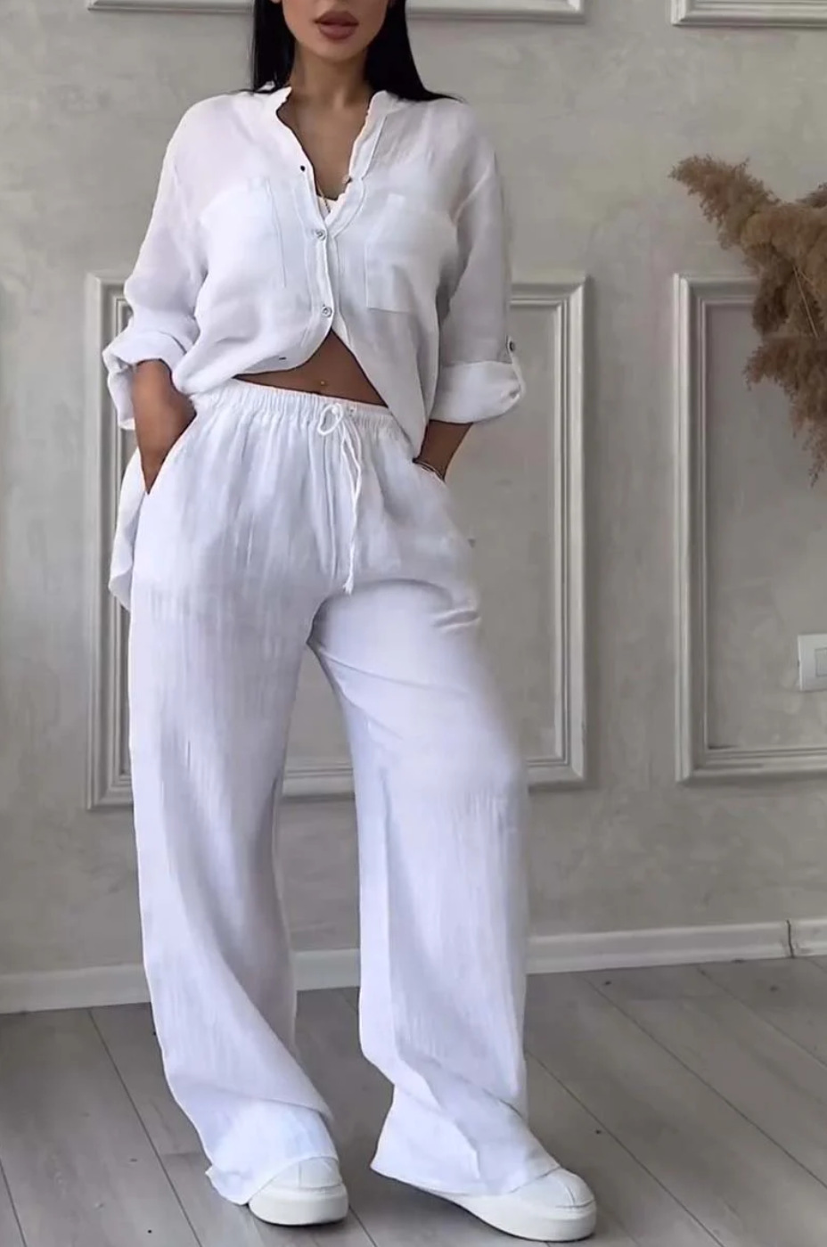 Black wide-leg pants and lace-up top two-piece set – solid color casual women's style
