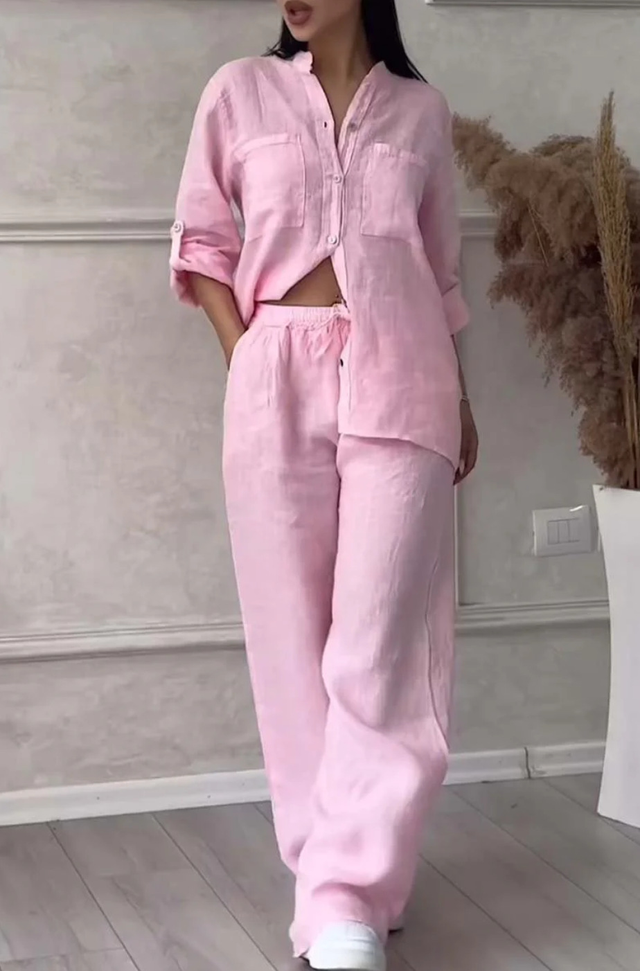 White wide-leg pants and lace-up top two-piece set – solid color casual women's fashion