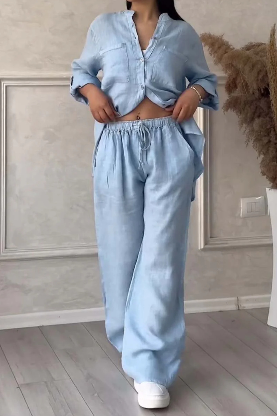 Green wide-leg pants and lace-up top two-piece set – solid color casual women's fashion
