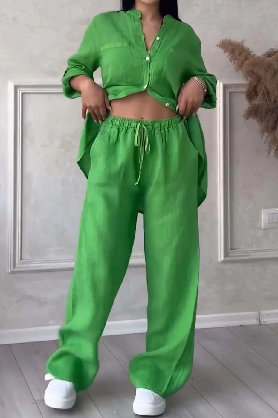 Pink wide-leg pants and lace-up top two-piece set – solid color casual women's style