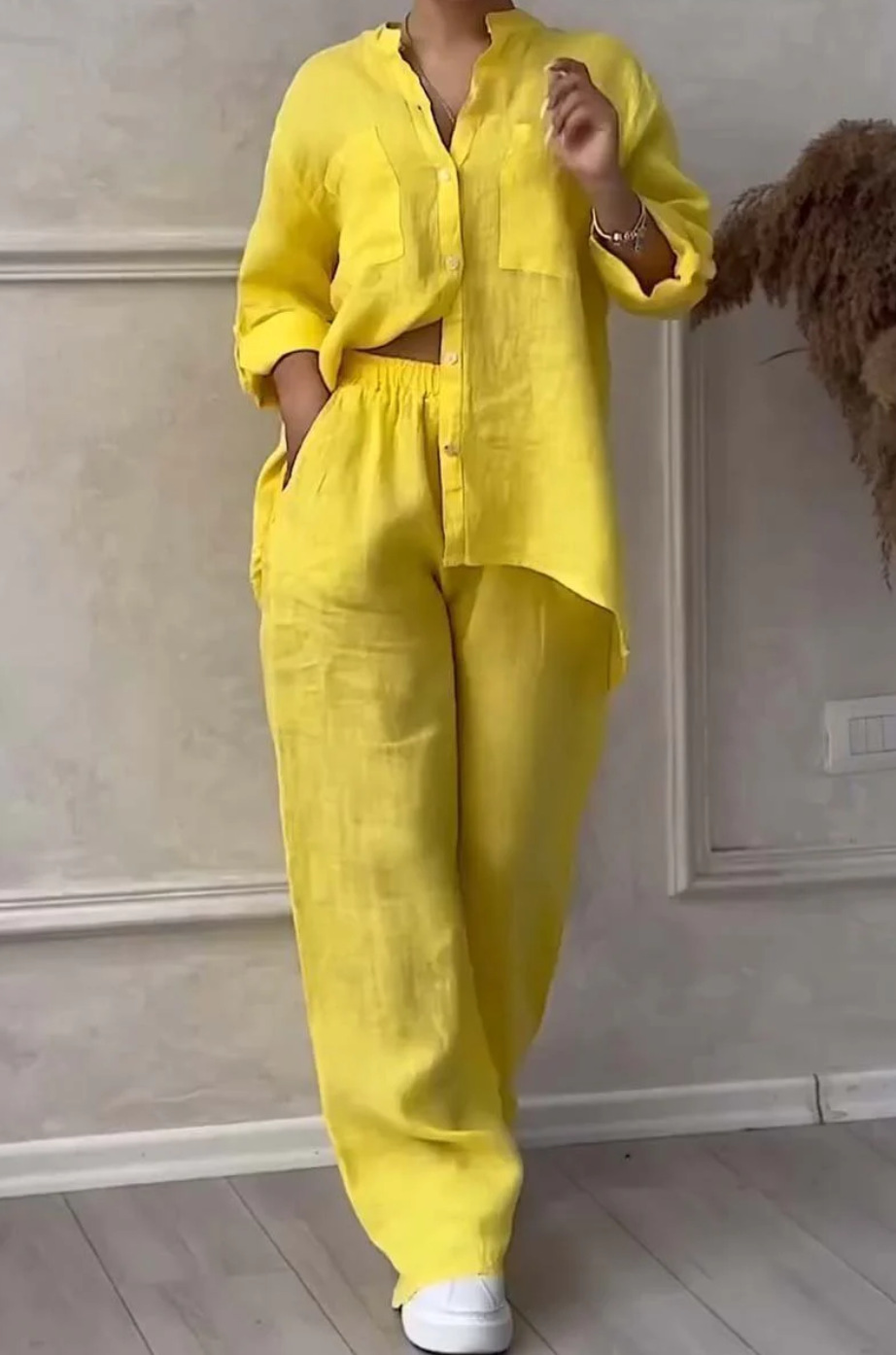 Purple wide-leg pants and lace-up top two-piece set – solid color casual women's fashion