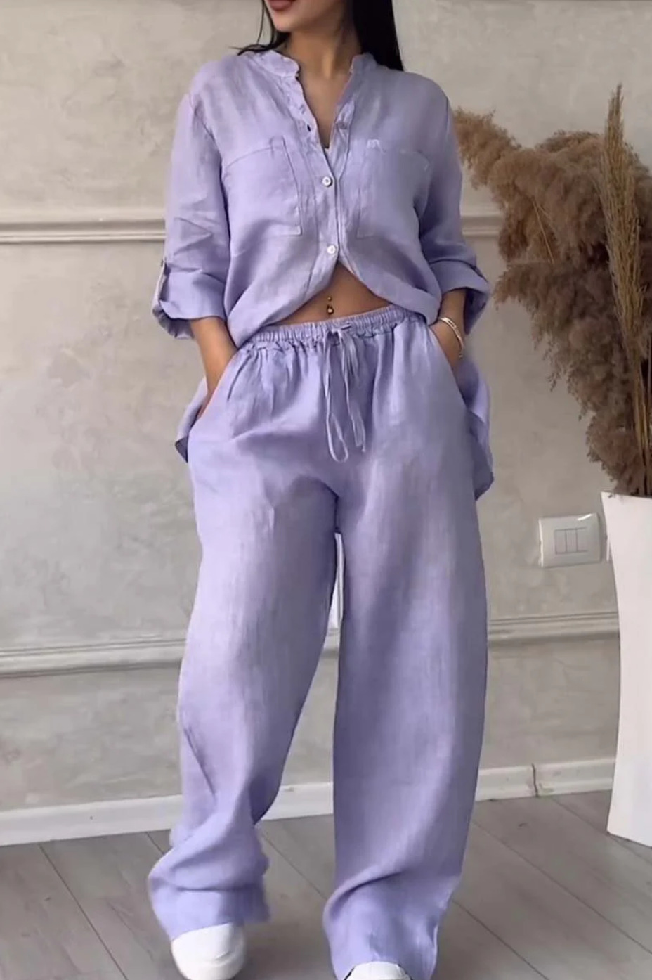 Yellow wide-leg pants and lace-up top two-piece set – solid color casual women's style