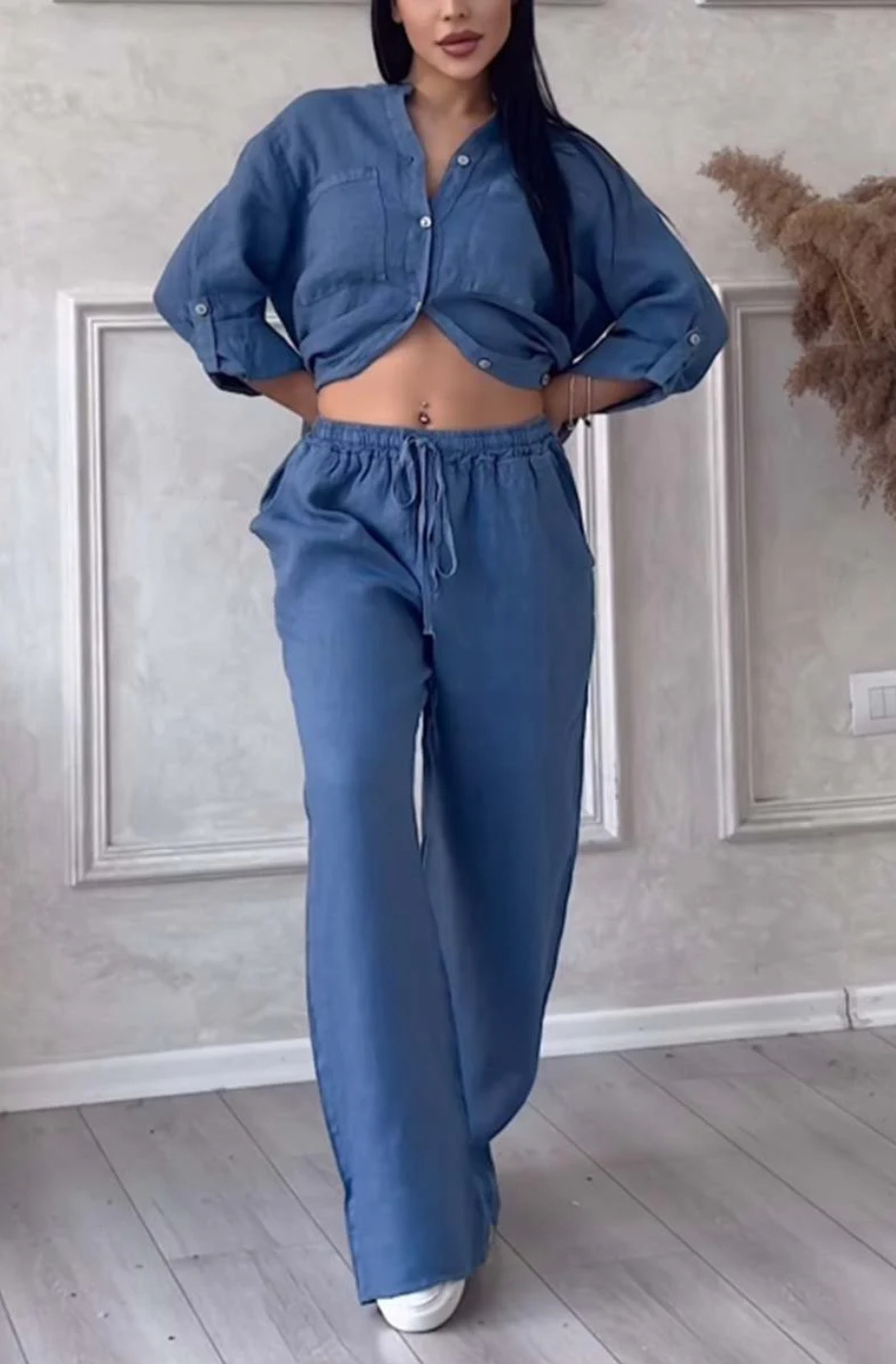 Rose red wide-leg pants and lace-up top two-piece set – solid color casual women's fashion