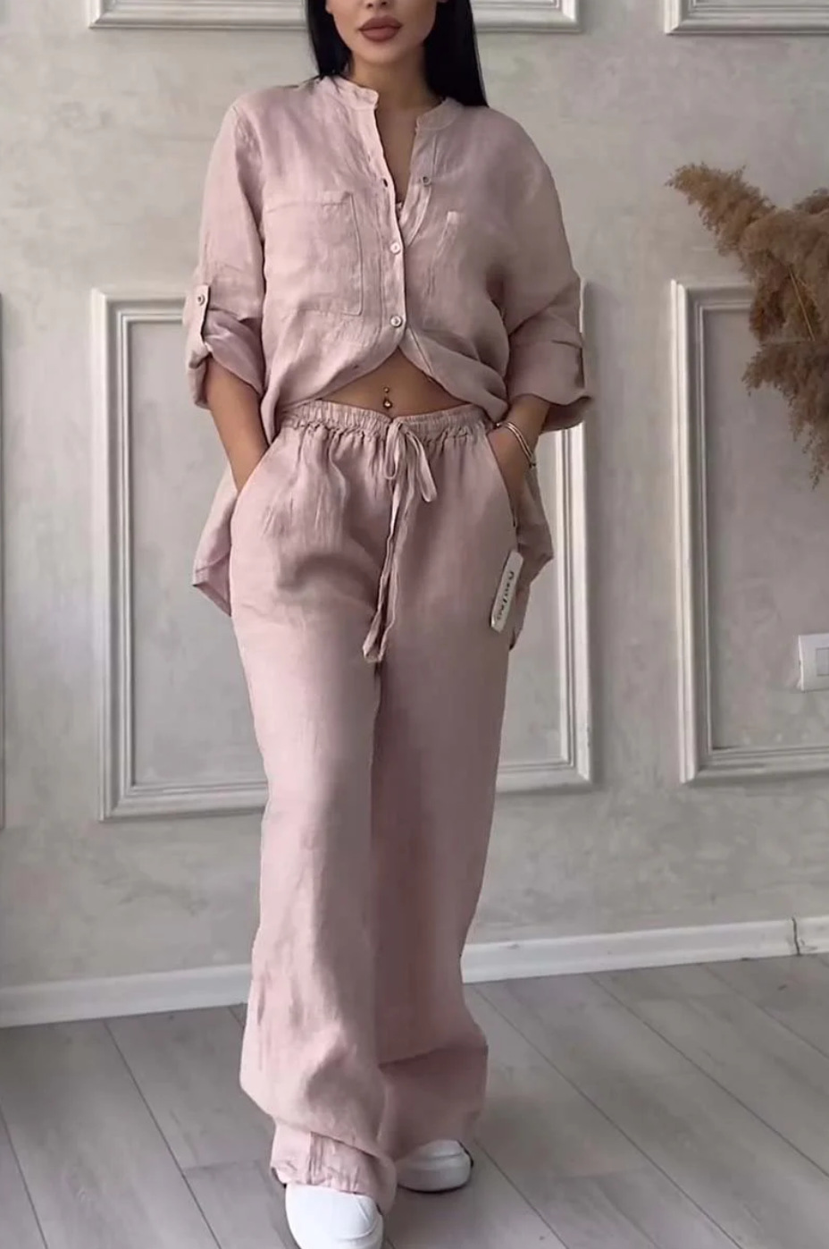 Apricot wide-leg pants and lace-up top two-piece set – solid color casual women's style
