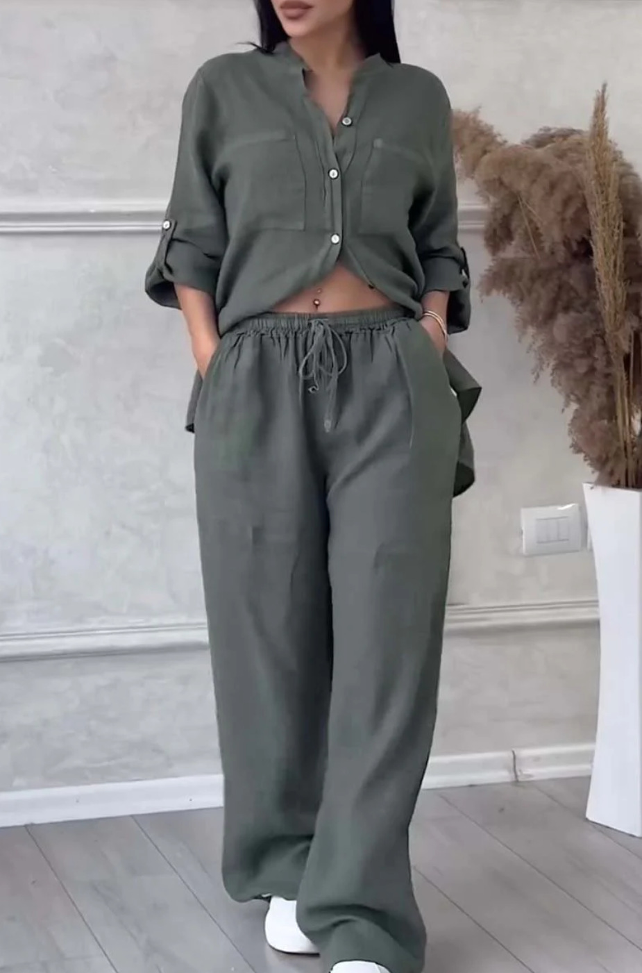 Light blue wide-leg pants and lace-up top two-piece set – solid color casual women's fashion