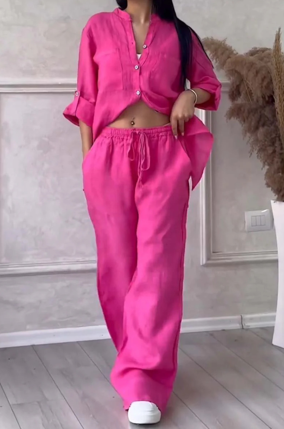 Light pink wide-leg pants and lace-up top two-piece set – solid color casual women's style