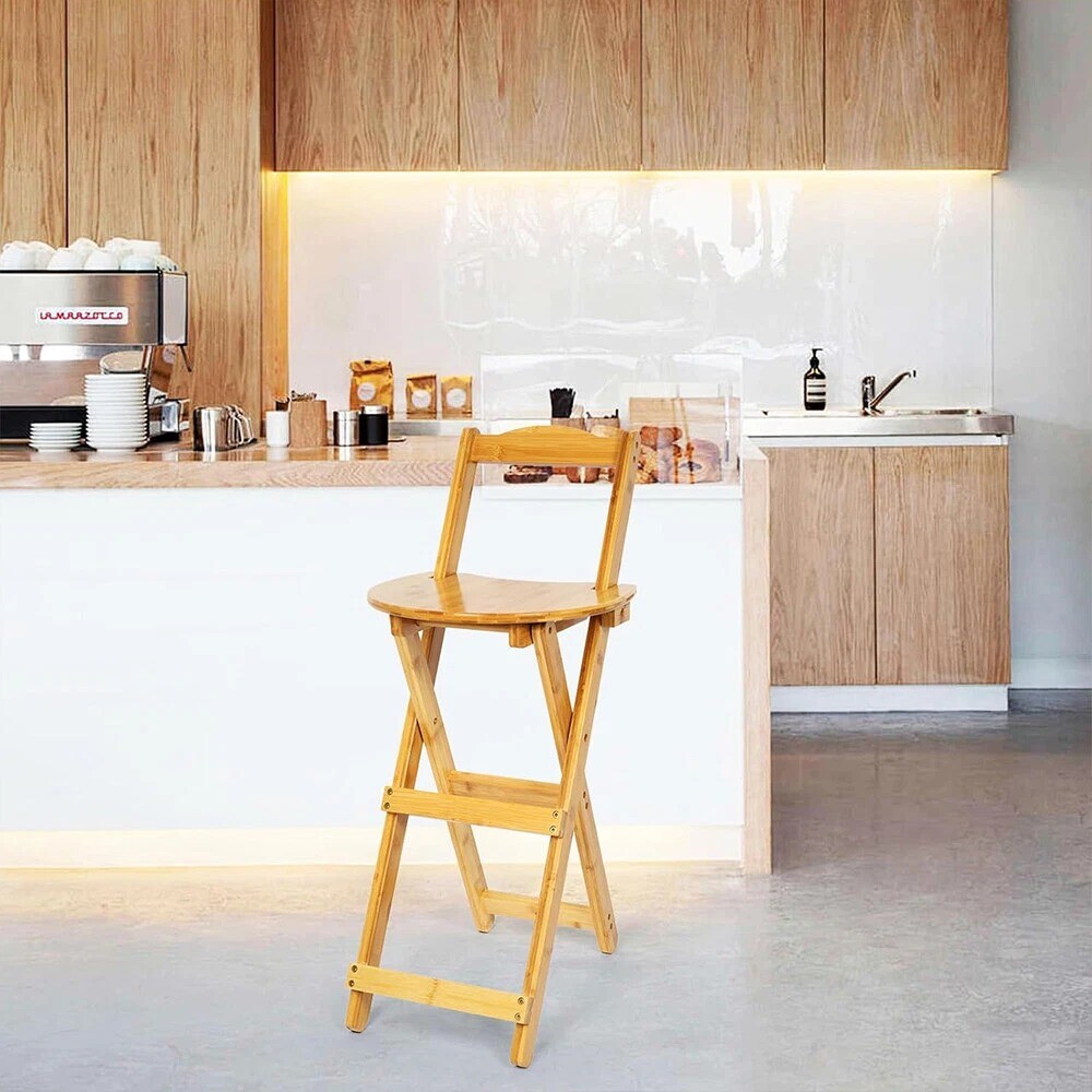 Wooden Folding Bar Stool Bamboo Kitchen Counter Height Stools With Backrest NEW — image 8