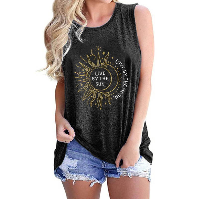 Title 5, Ladies Vest Sunflower Sun Love Moon Print Round...