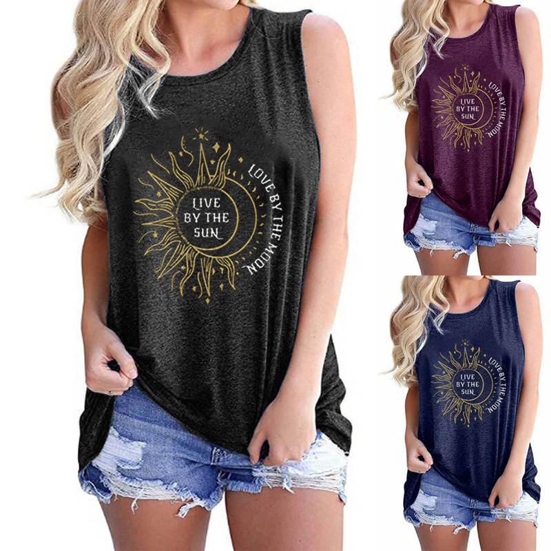 Title 6, Ladies Vest Sunflower Sun Love Moon Print Round...