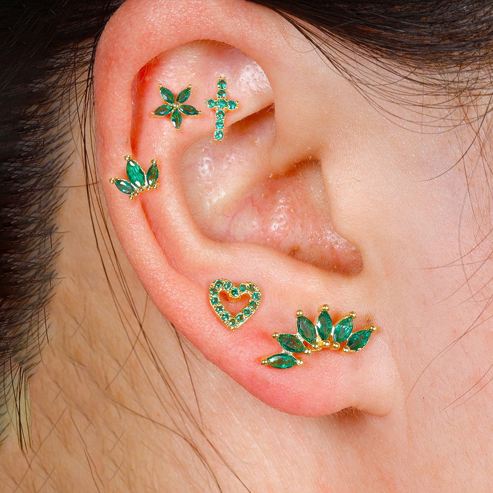 Title 9, Stainless Steel Rod Green Zircon Crown Ear Bone...