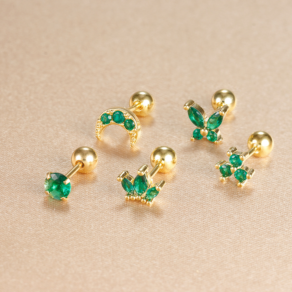 Title 18, Stainless Steel Rod Green Zircon Crown Ear Bone...