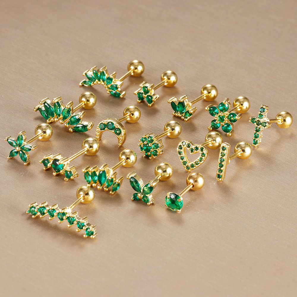 Title 20, Stainless Steel Rod Green Zircon Crown Ear Bone...