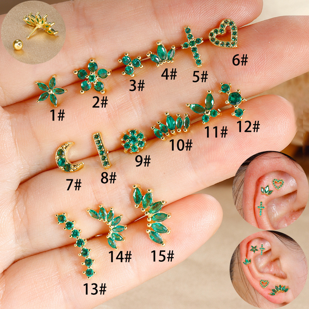 Title 24, Stainless Steel Rod Green Zircon Crown Ear Bone...