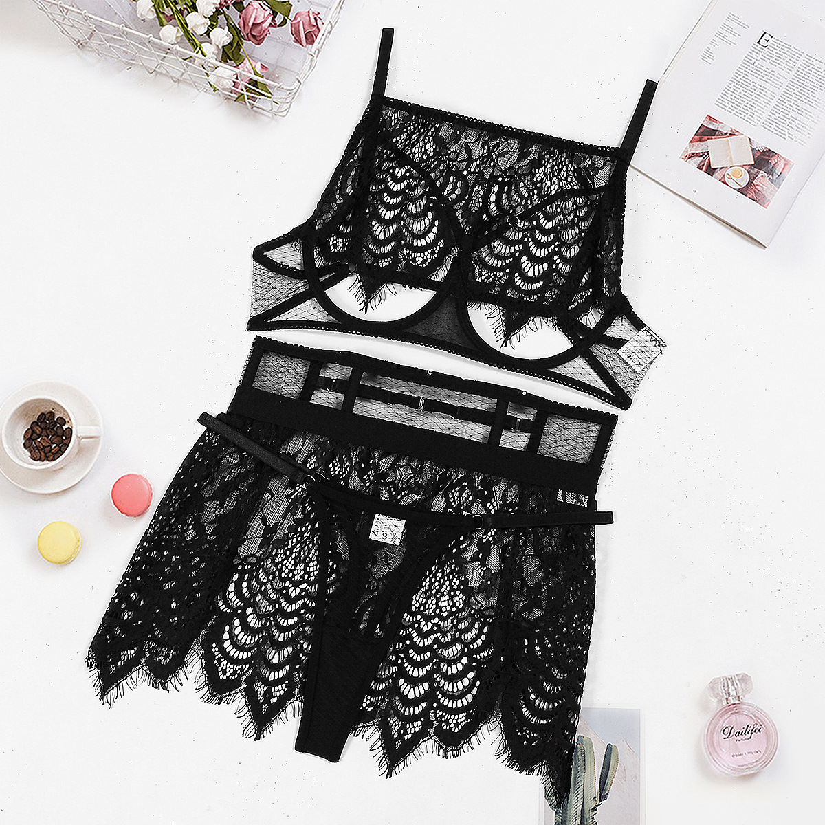 Title 7, Lace Cutout See-through Three-piece Set