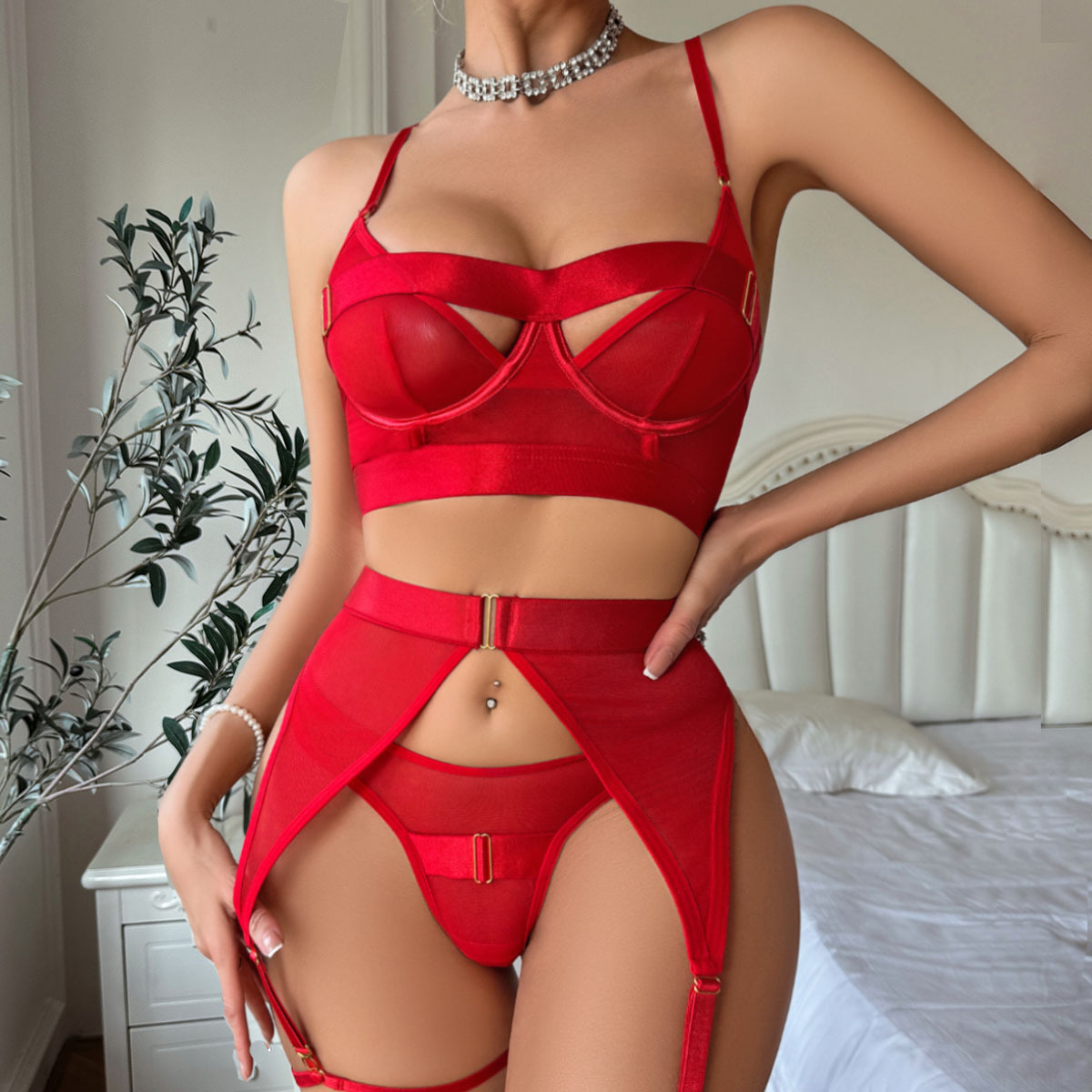 Title 4, See-through Mesh Hollow Body Shaping Four-piece...