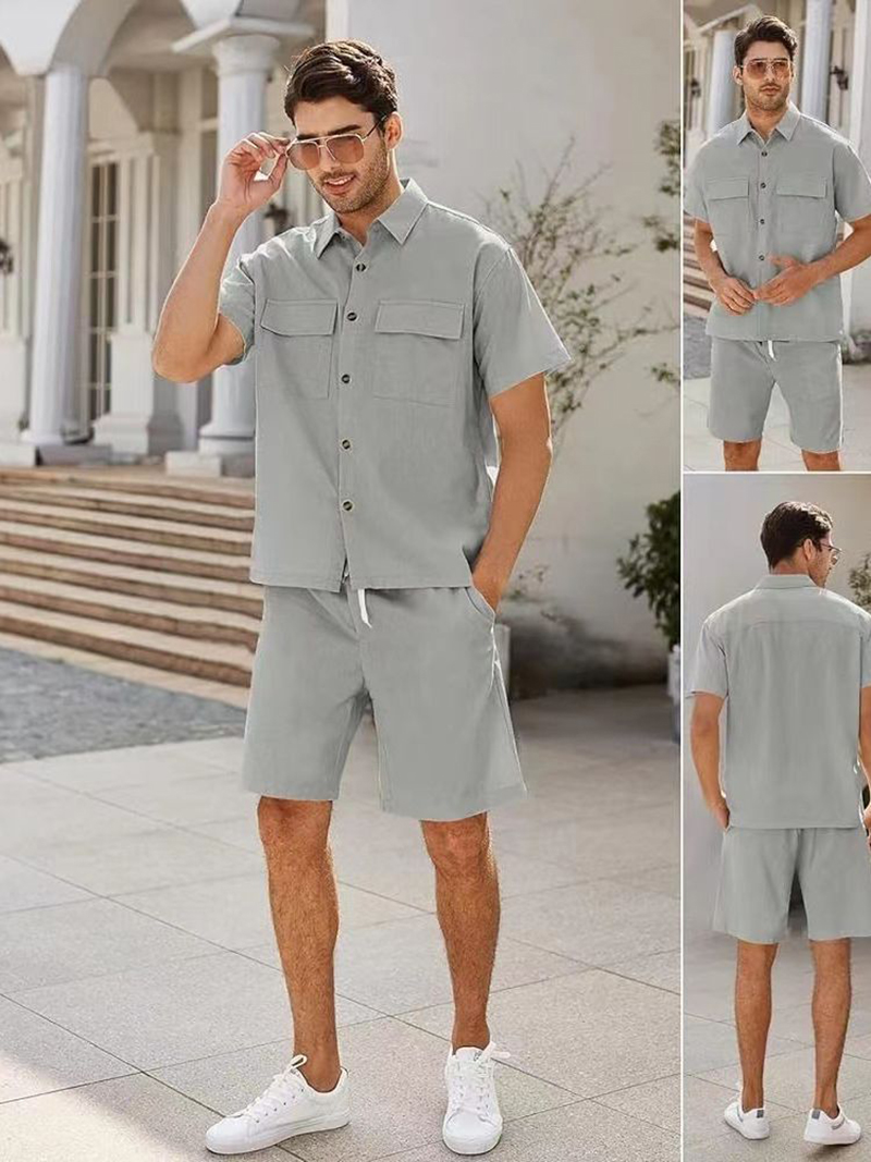 Title 2, Summer Suits Men Short Sleeve Lapel Pockets Shi...