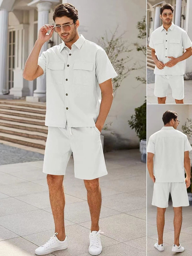 Title 9, Summer Suits Men Short Sleeve Lapel Pockets Shi...