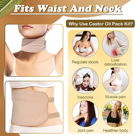 Castor Oil Pack Wrap Set with Strap. Made of 100% Organic cotton that is extra soft on the skin and hypoallergenic for the most sensitive skin types.The castor oil pack must be tightly woven to ensure the castor oil absorbs into your skin, not only the ca