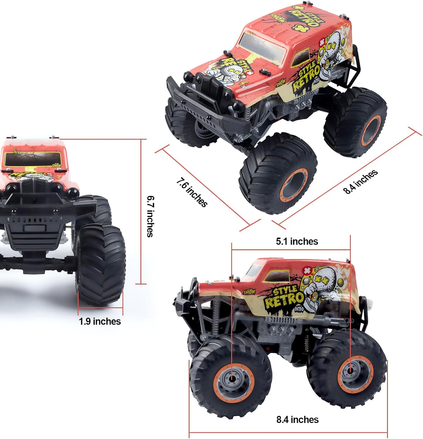 Off-Road Remote Control Monster Truck - Orange. High quality chassis and reinforced PVC graffiti shell. This hobby remote-controlled truck is made of environmentally friendly materials, with a very sturdy chassis and a durable body. It is also equipped wi