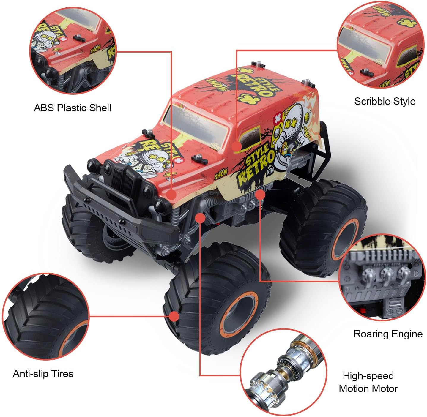 Off-Road Remote Control Monster Truck - Orange. High quality chassis and reinforced PVC graffiti shell. This hobby remote-controlled truck is made of environmentally friendly materials, with a very sturdy chassis and a durable body. It is also equipped wi