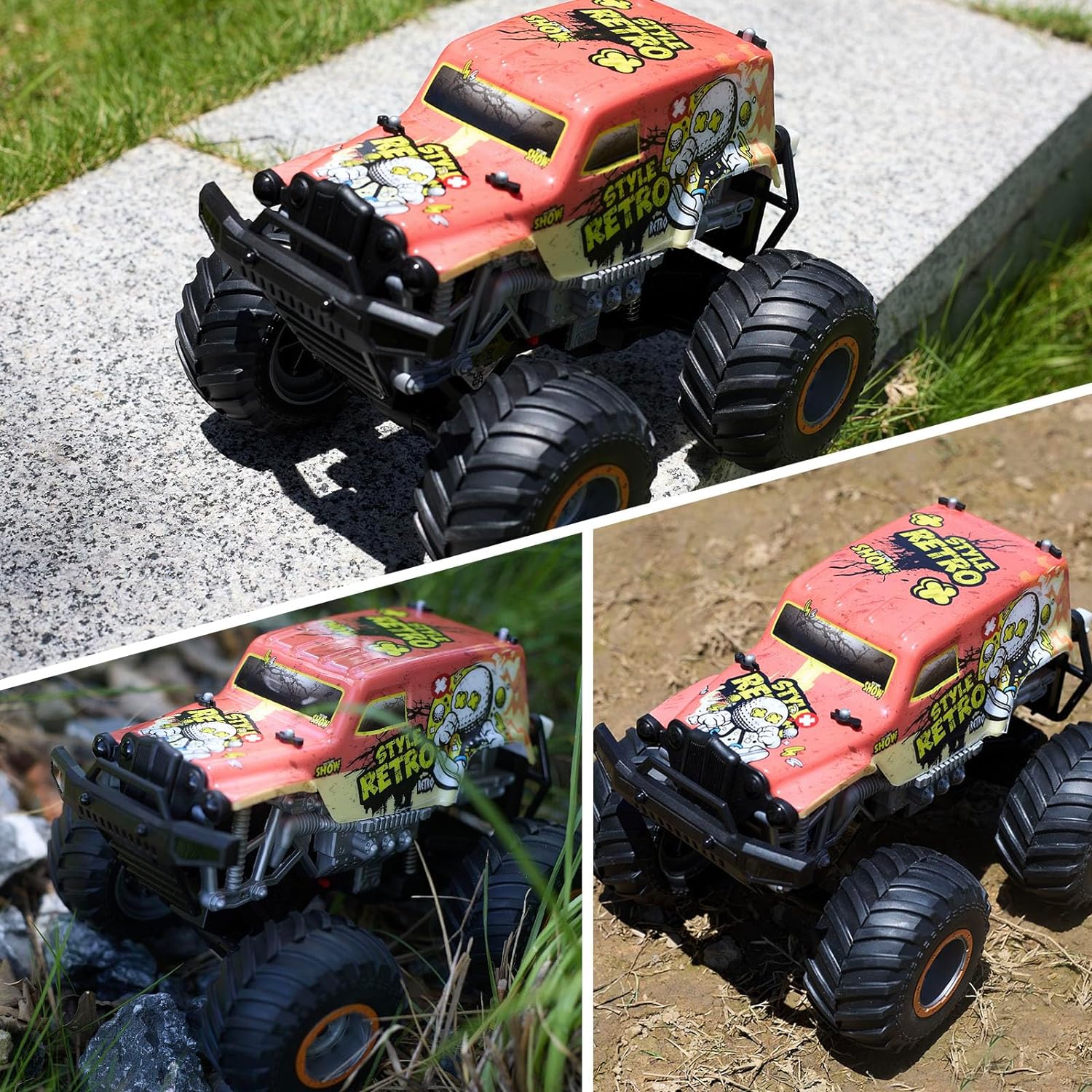 Off-Road Remote Control Monster Truck - Orange. High quality chassis and reinforced PVC graffiti shell. This hobby remote-controlled truck is made of environmentally friendly materials, with a very sturdy chassis and a durable body. It is also equipped wi