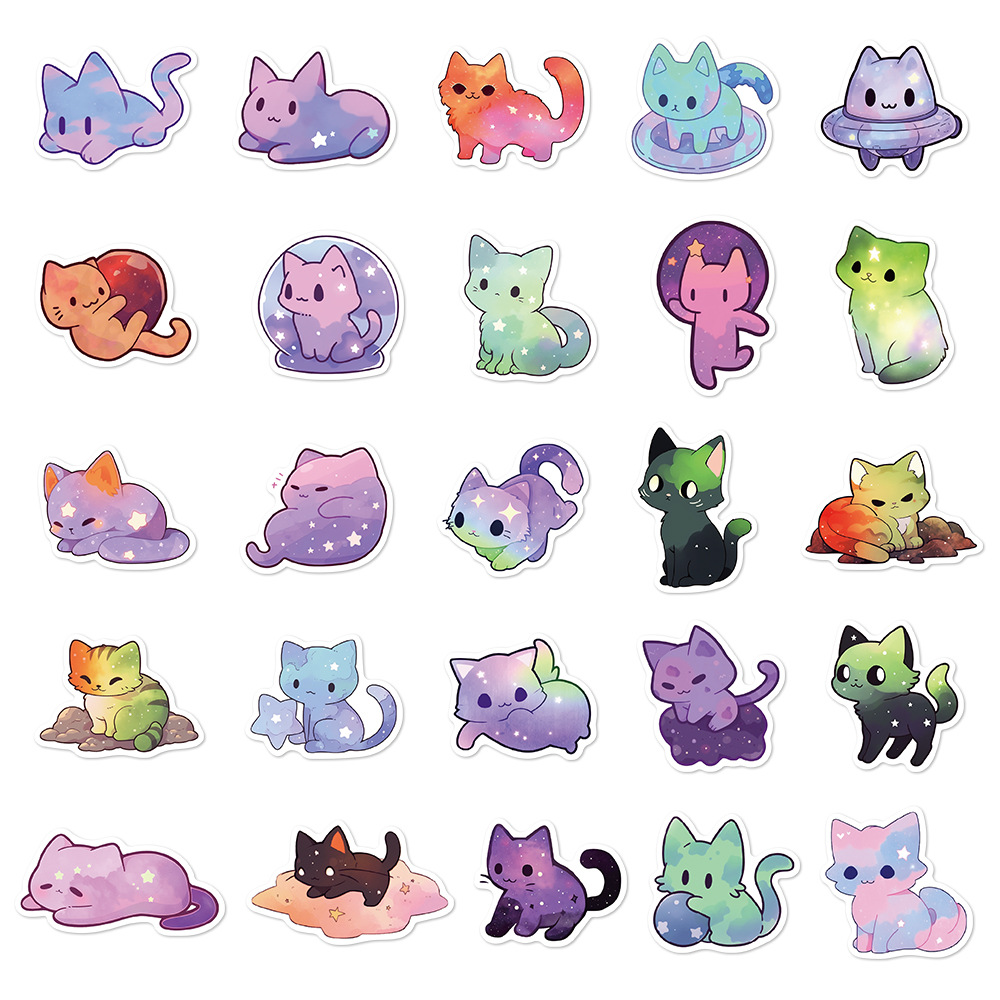 Space Cat Stickers 50Pcs | Colorful Sky & Stars Theme