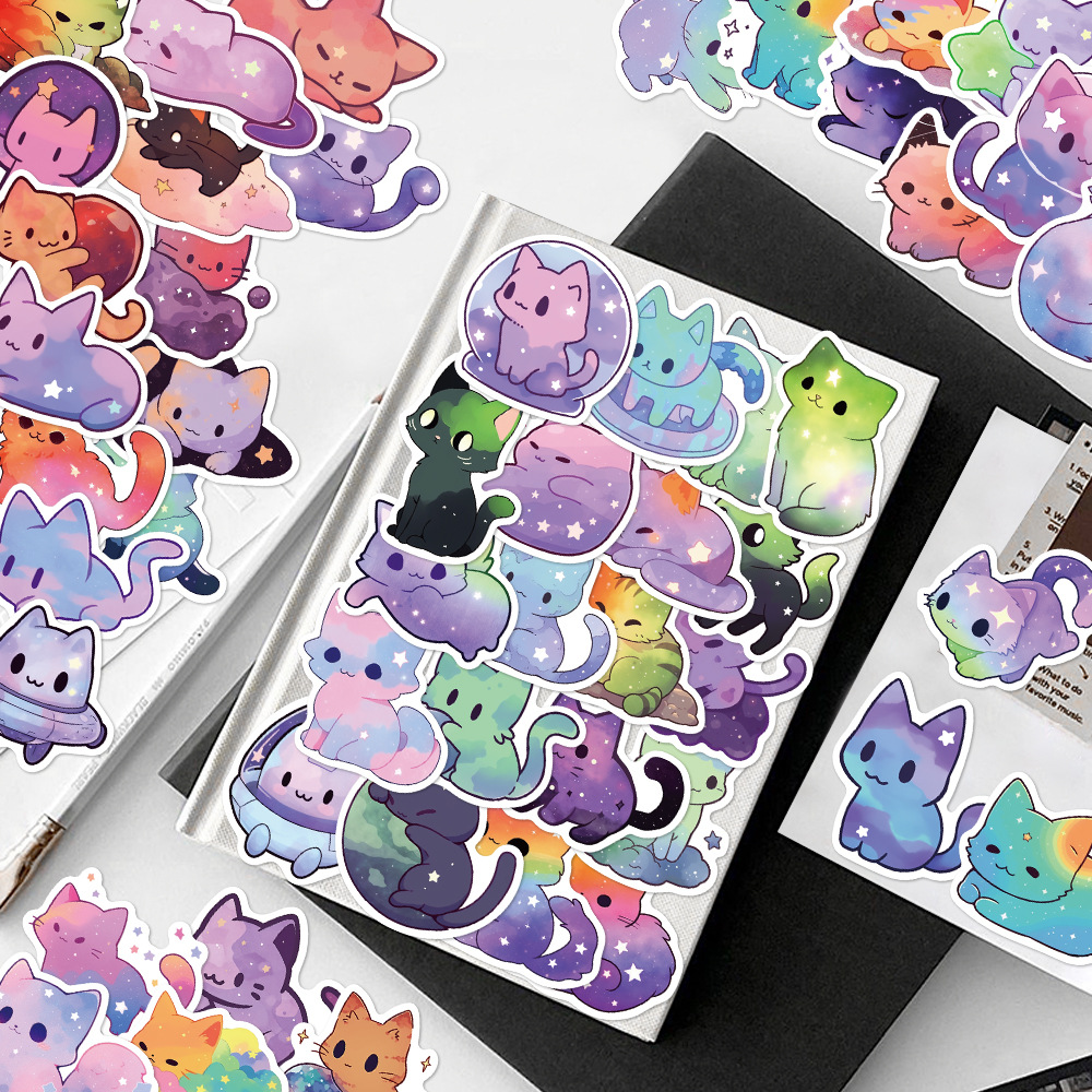 Space Cat Stickers 50Pcs | Colorful Sky & Stars Theme