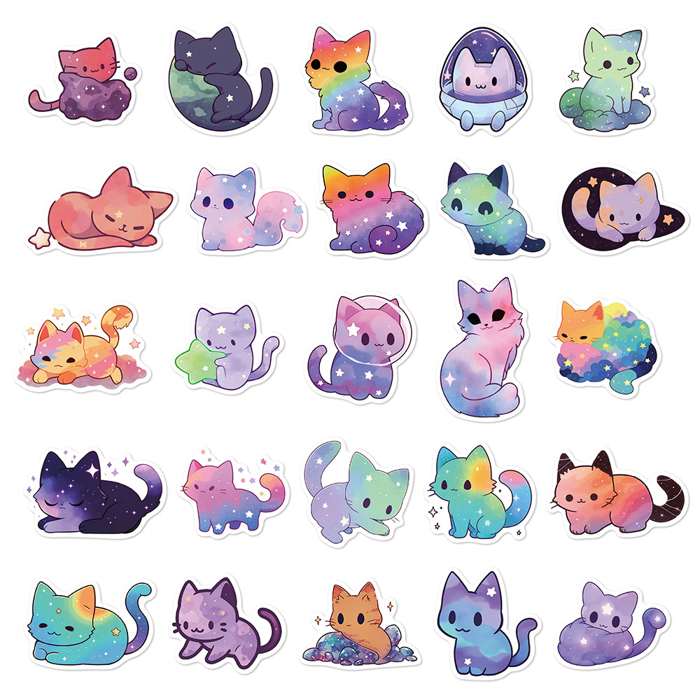 Space Cat Stickers 50Pcs | Colorful Sky & Stars Theme