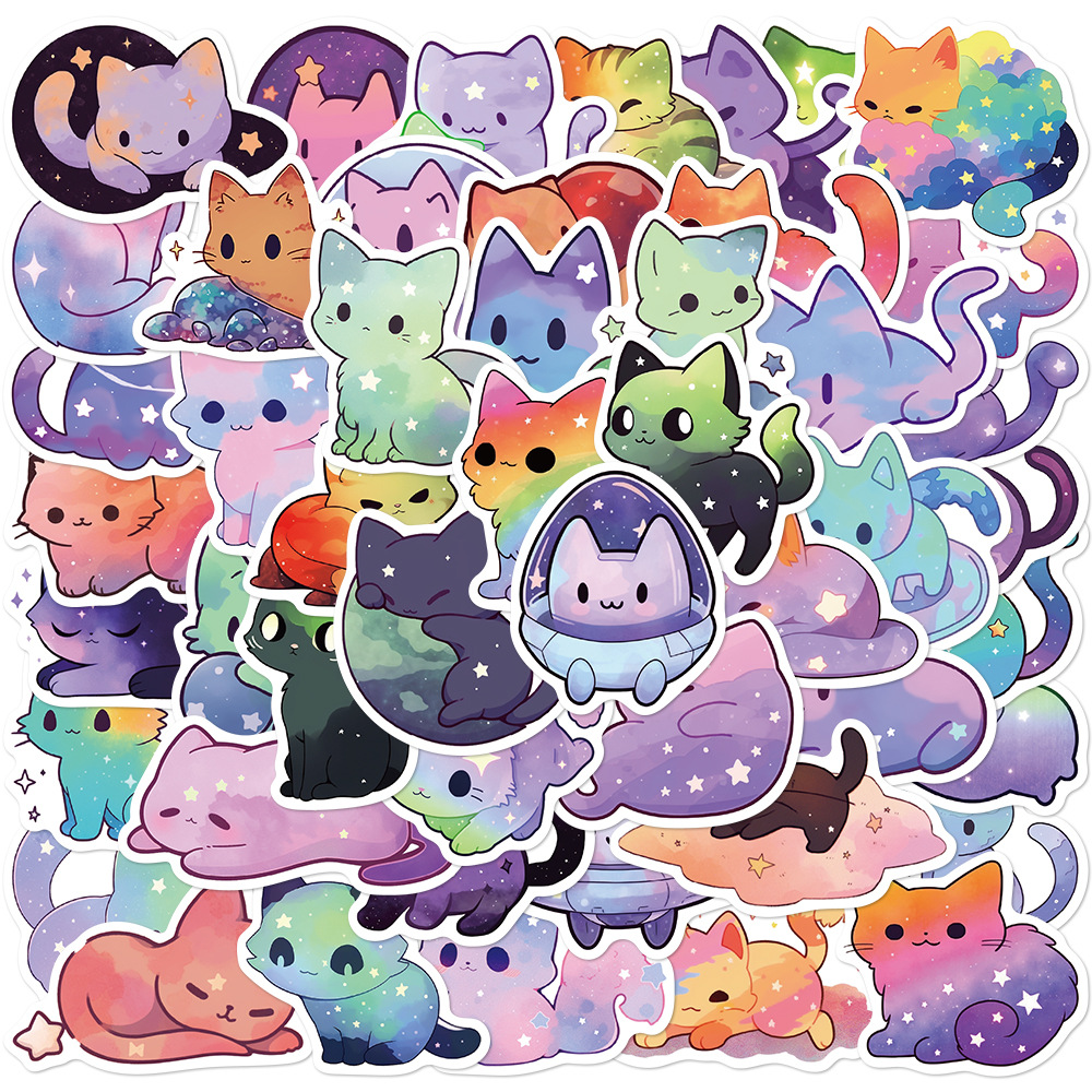 Space Cat Stickers 50Pcs | Colorful Sky & Stars Theme