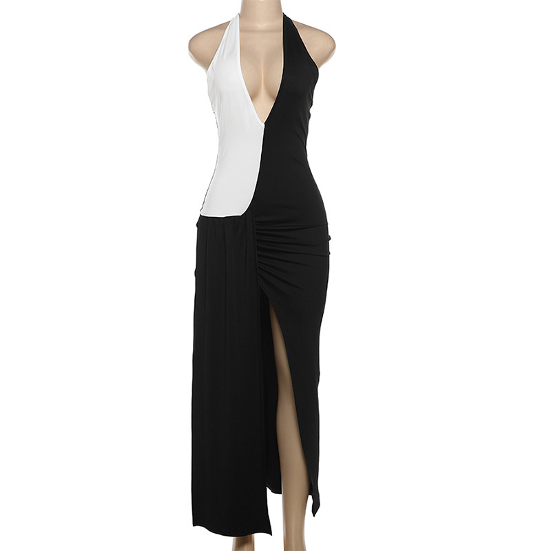 Title 3, Black And White Contrast Color Split Dress Women