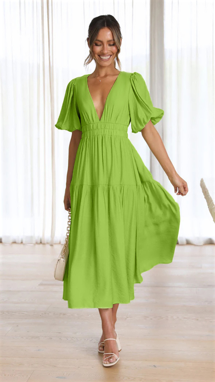 Title 2, V-neck Waist-tight Mid-length Dress