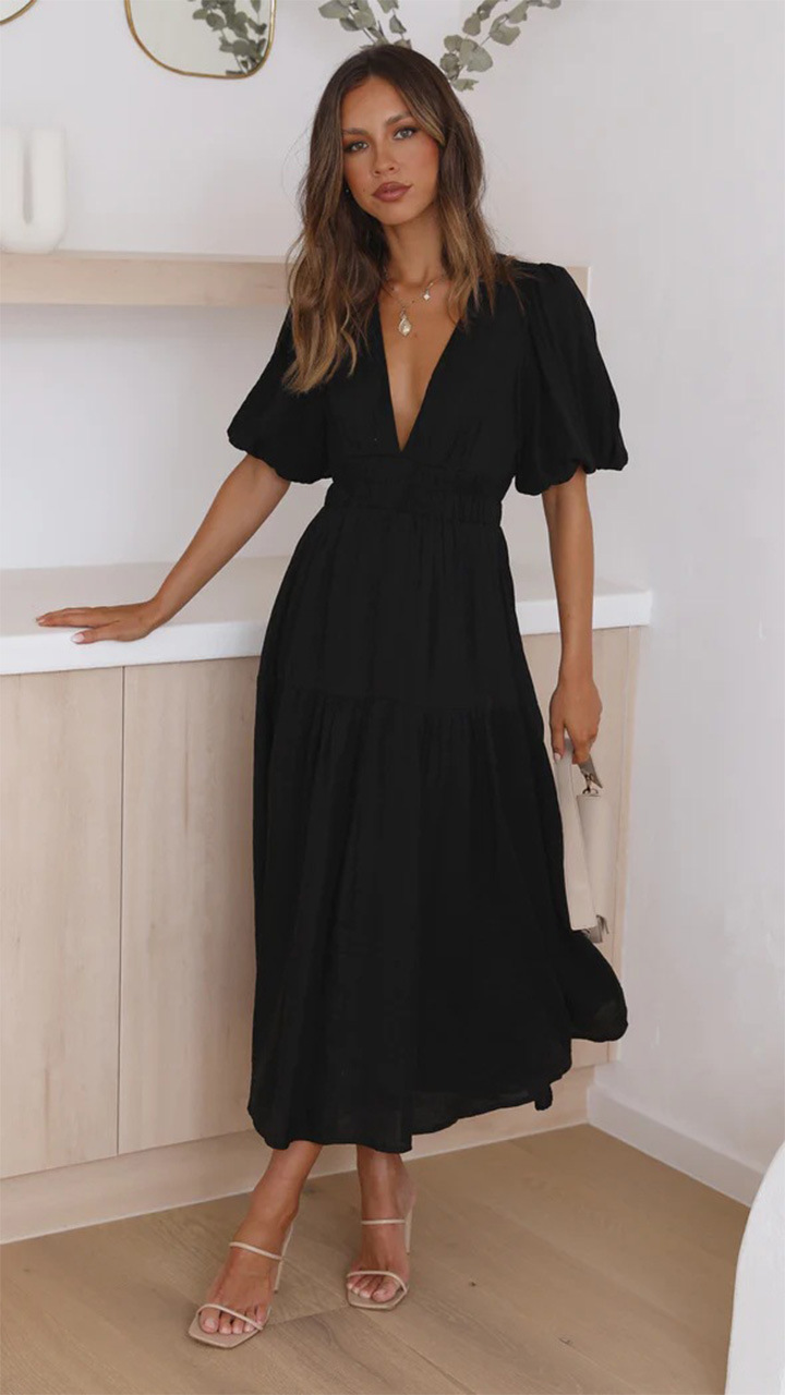 Title 3, V-neck Waist-tight Mid-length Dress