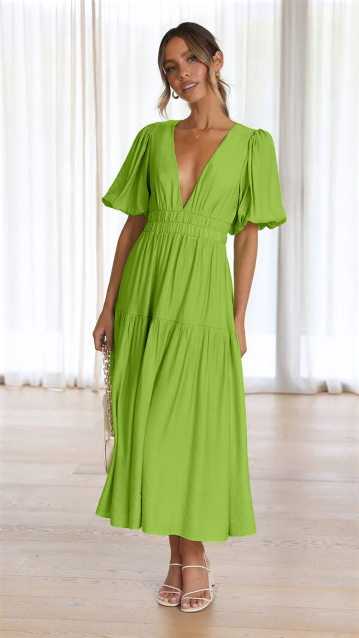 Title 5, V-neck Waist-tight Mid-length Dress