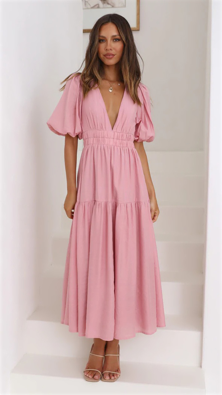 Title 10, V-neck Waist-tight Mid-length Dress