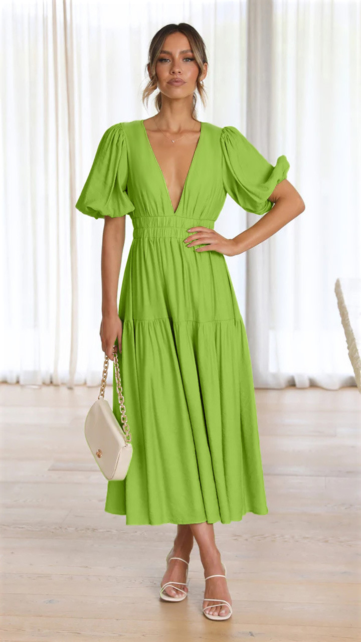 Title 15, V-neck Waist-tight Mid-length Dress