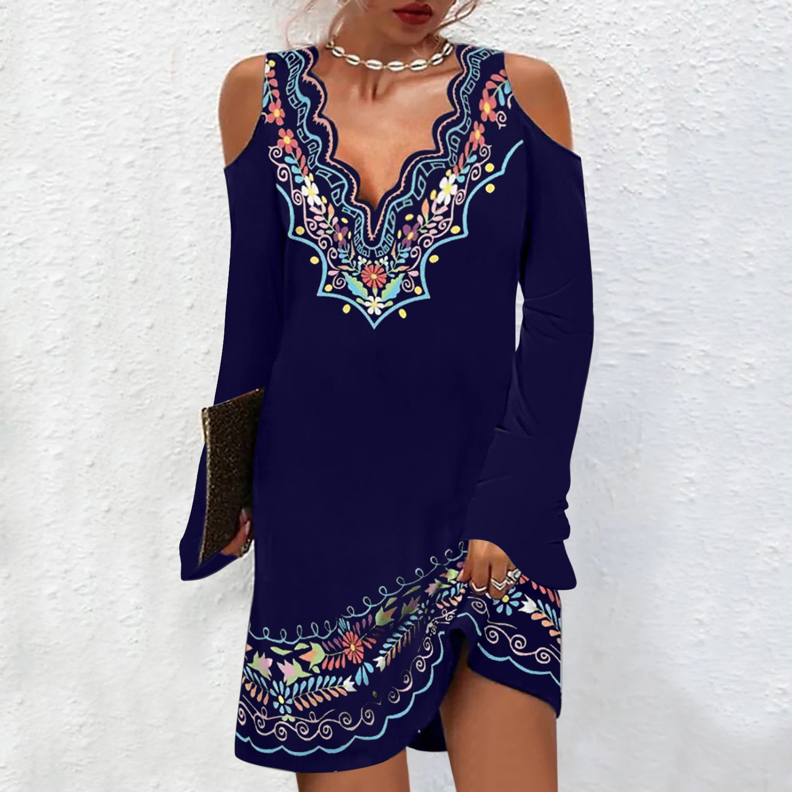 Title 2, V-neck Off-shoulder Flared Long Sleeve Dress