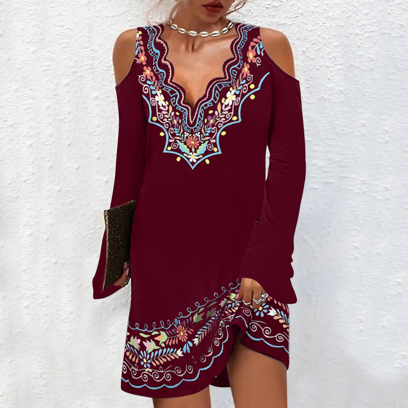 Title 3, V-neck Off-shoulder Flared Long Sleeve Dress