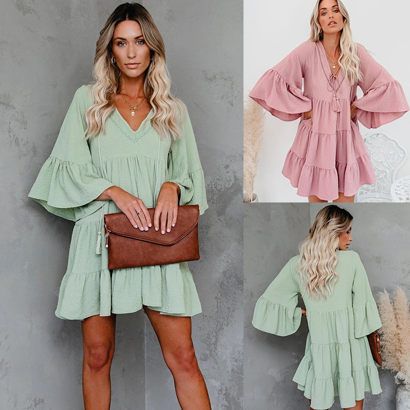 Title 2, V-neck Lace-up Fringe Lace-up Ruffled Dress